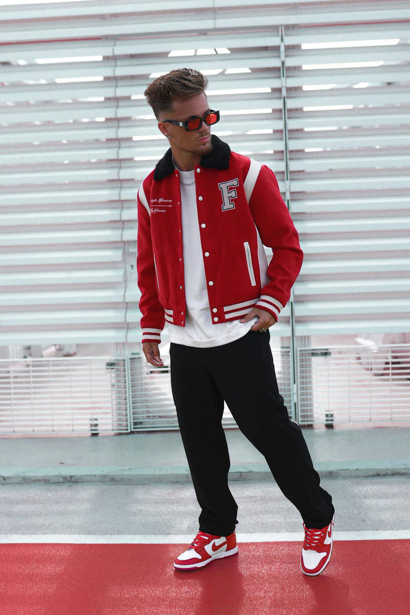 Archery Club Sherpa Collared Varsity Jacket Red Fashion Nova, Mens