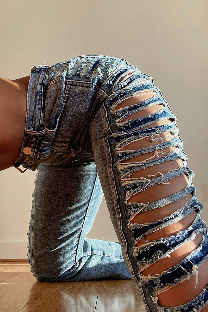 Attract Trouble Cut Out Straight Leg Jeans Medium Blue Wash Fashion