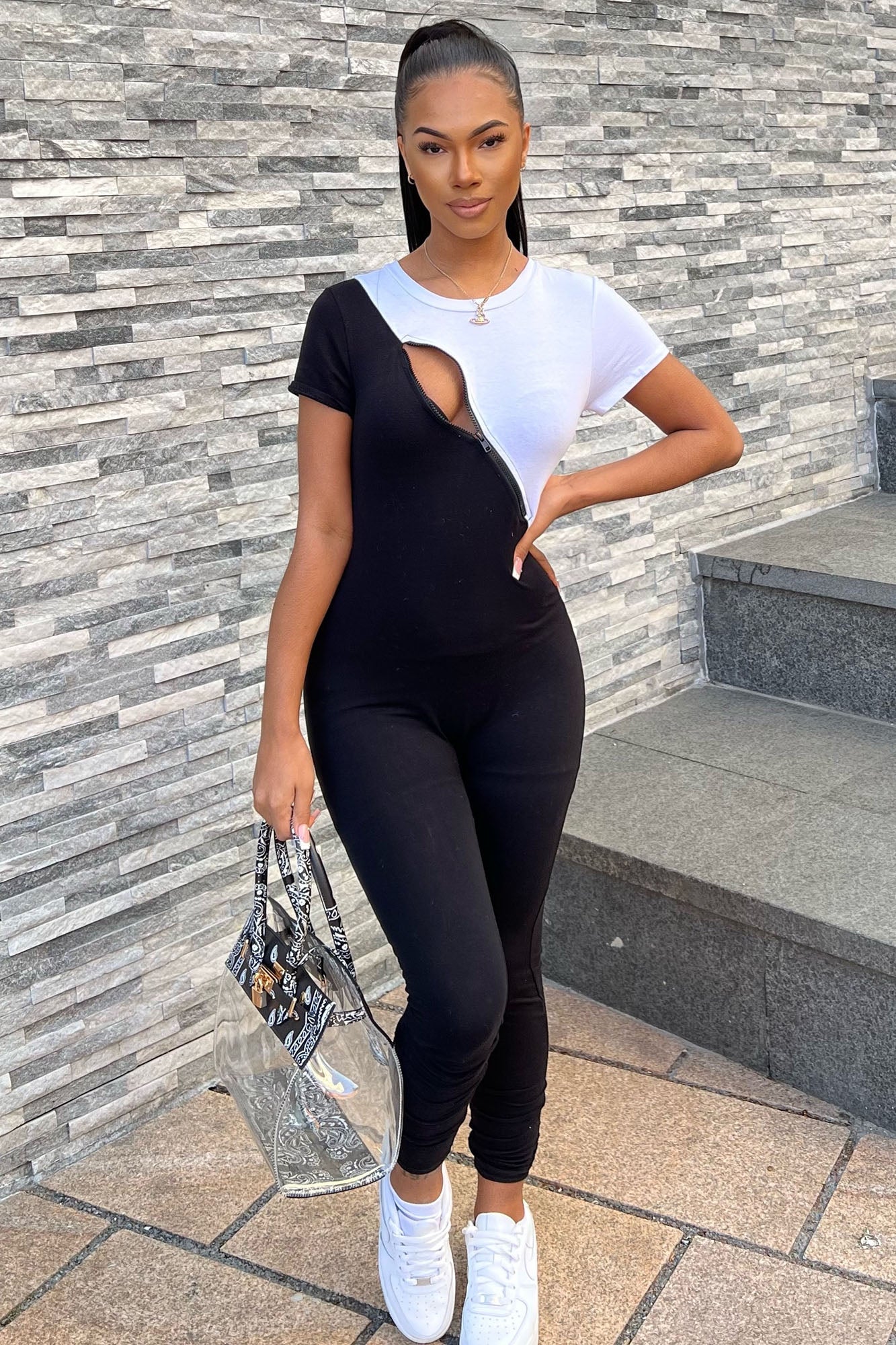 Built In Comfort Color Block Jumpsuit Black White