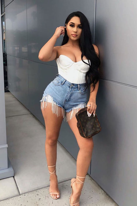 Came Through Dripping Rhinestone Denim Short Light Blue Wash