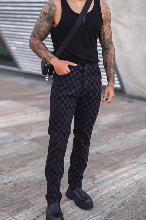 Men's Slim Fit Checkerboard Print Jeans | boohoo