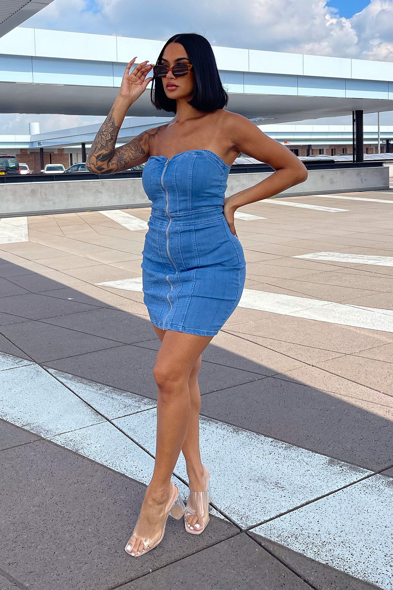 Chateau Denim Mini Dress Light Wash