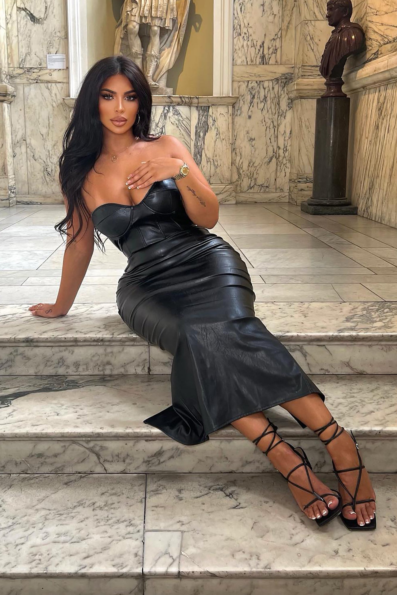 Fall Leaves Faux Leather Midi Dress Black Fashion Nova
