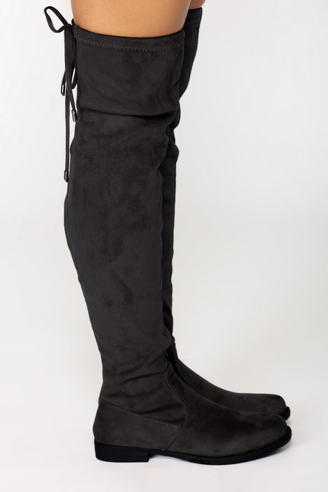 Tie back over online the knee boots black