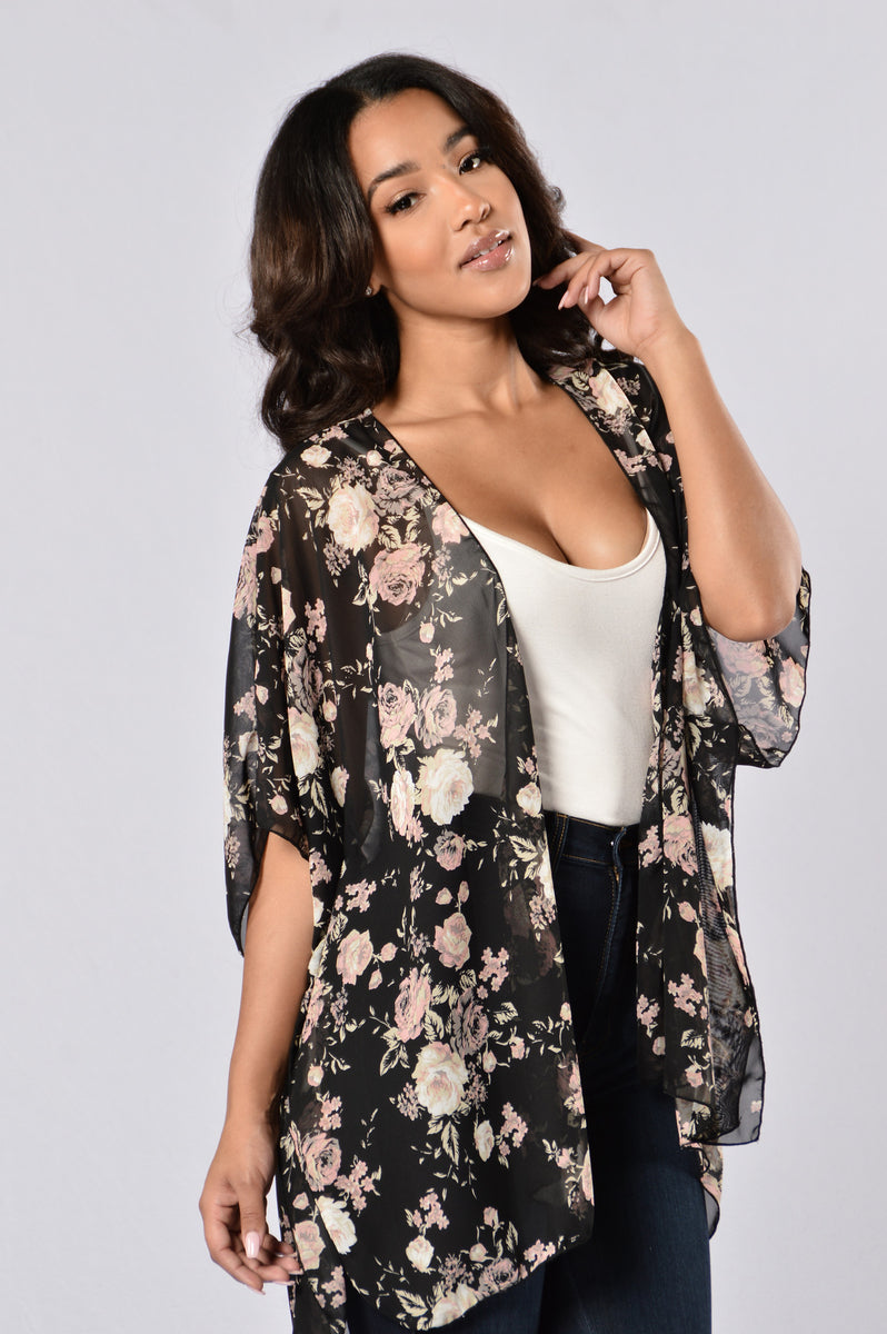 Flower Power Kimono - Black | Fashion Nova, Shirts & Blouses | Fashion Nova
