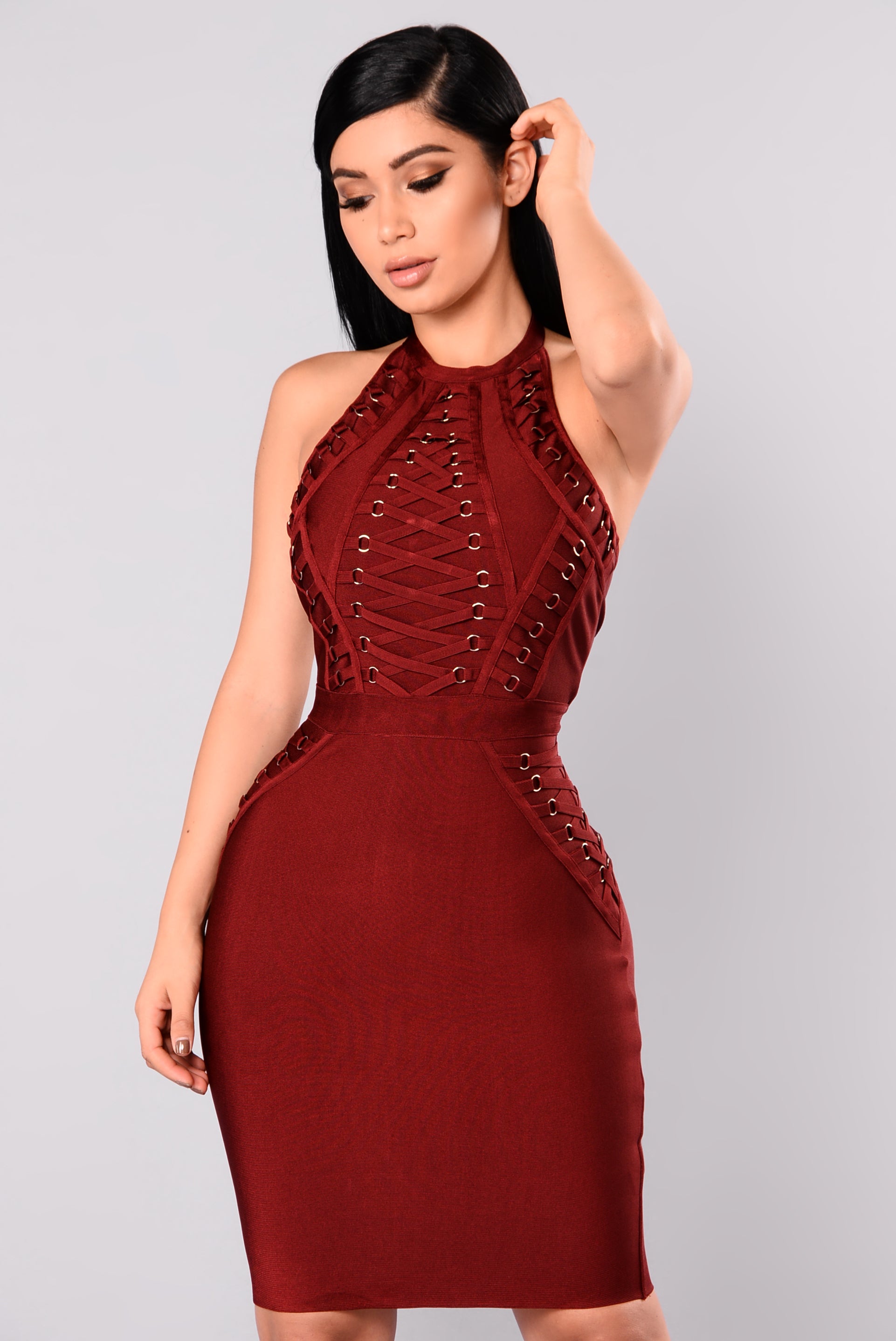 burgundy bandage dresses