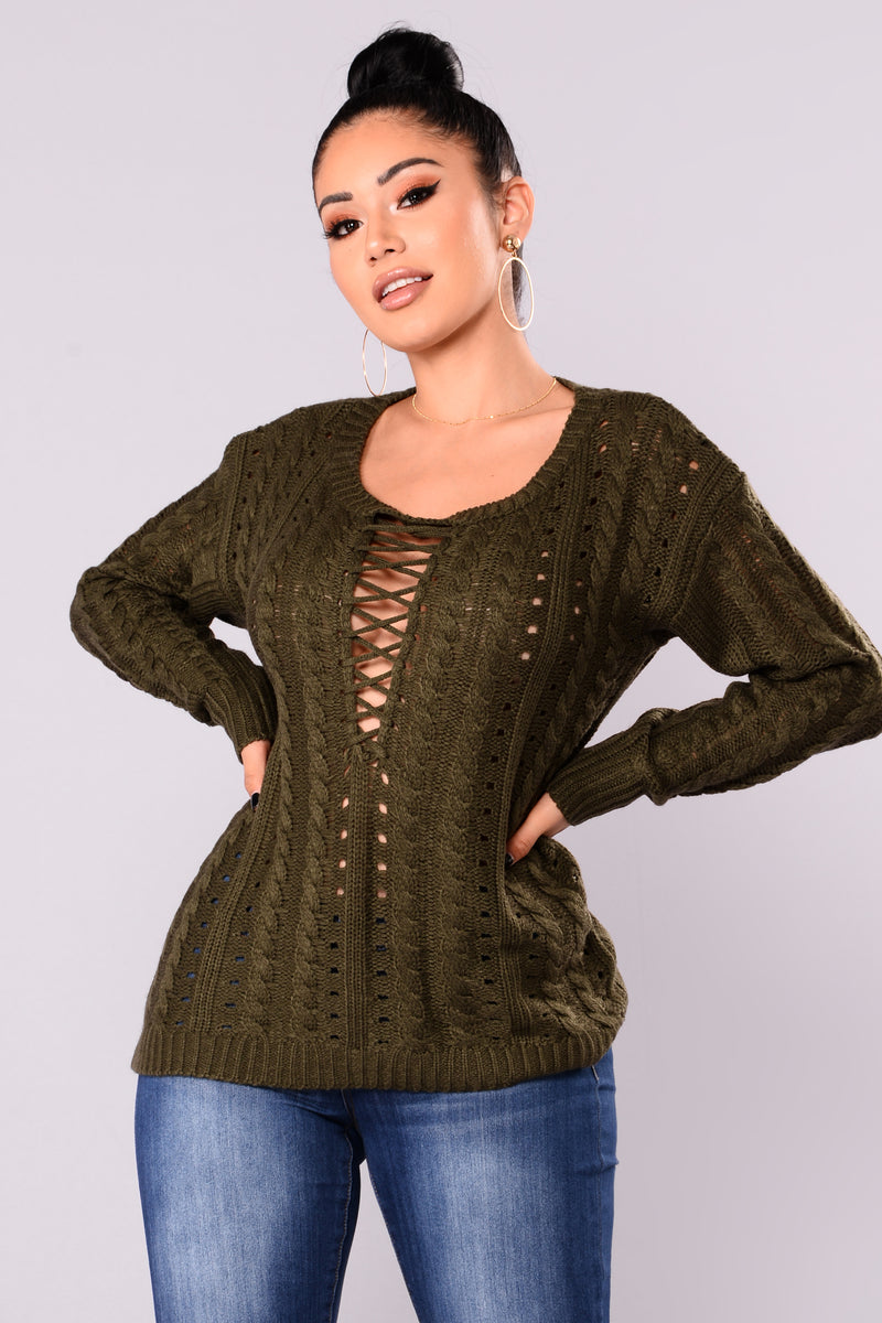 Estella Lace Up Sweater - Olive | Fashion Nova, Sweaters | Fashion Nova