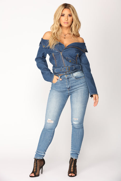 Once In A While Off Shoulder Jacket Dark Wash