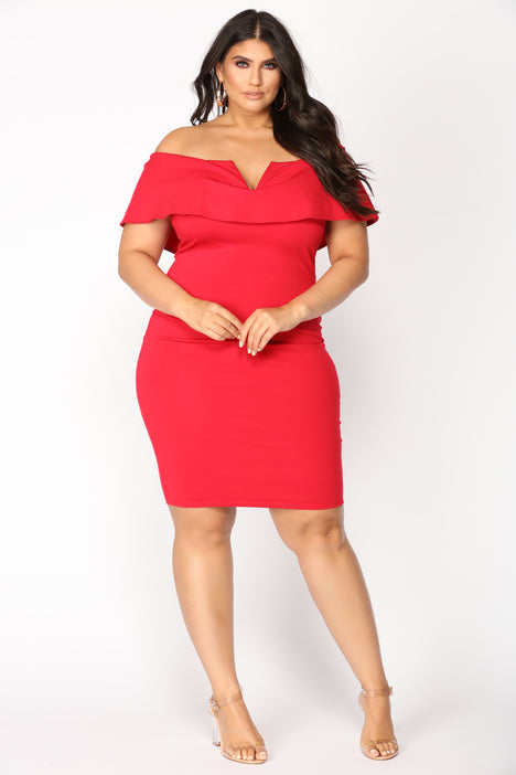 Fashion nova red dress off store the shoulder