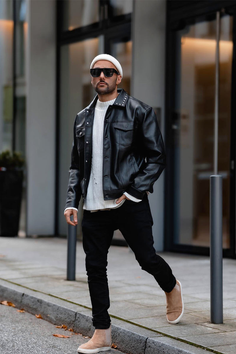 Faux Leather Studded Collar Trucker Jacket - Black | Fashion Nova, Mens ...
