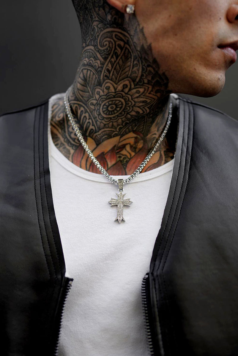 Iced Out Cross Pendant Chain Necklace Silver Fashion Nova, Mens