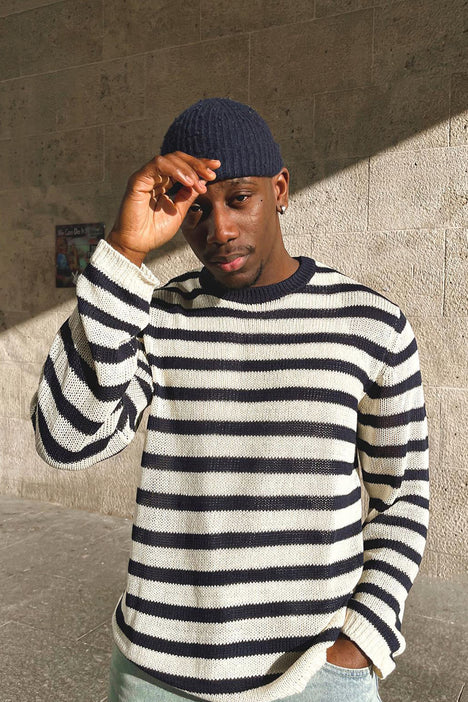 Loose Knit Striped Sweater - Navy/combo