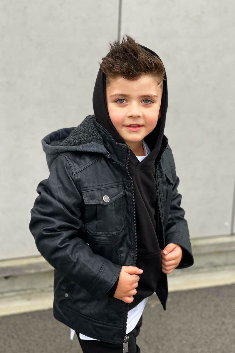 Mini On Edge Faux Leather Hooded Jacket - Black | Fashion Nova, Kids ...