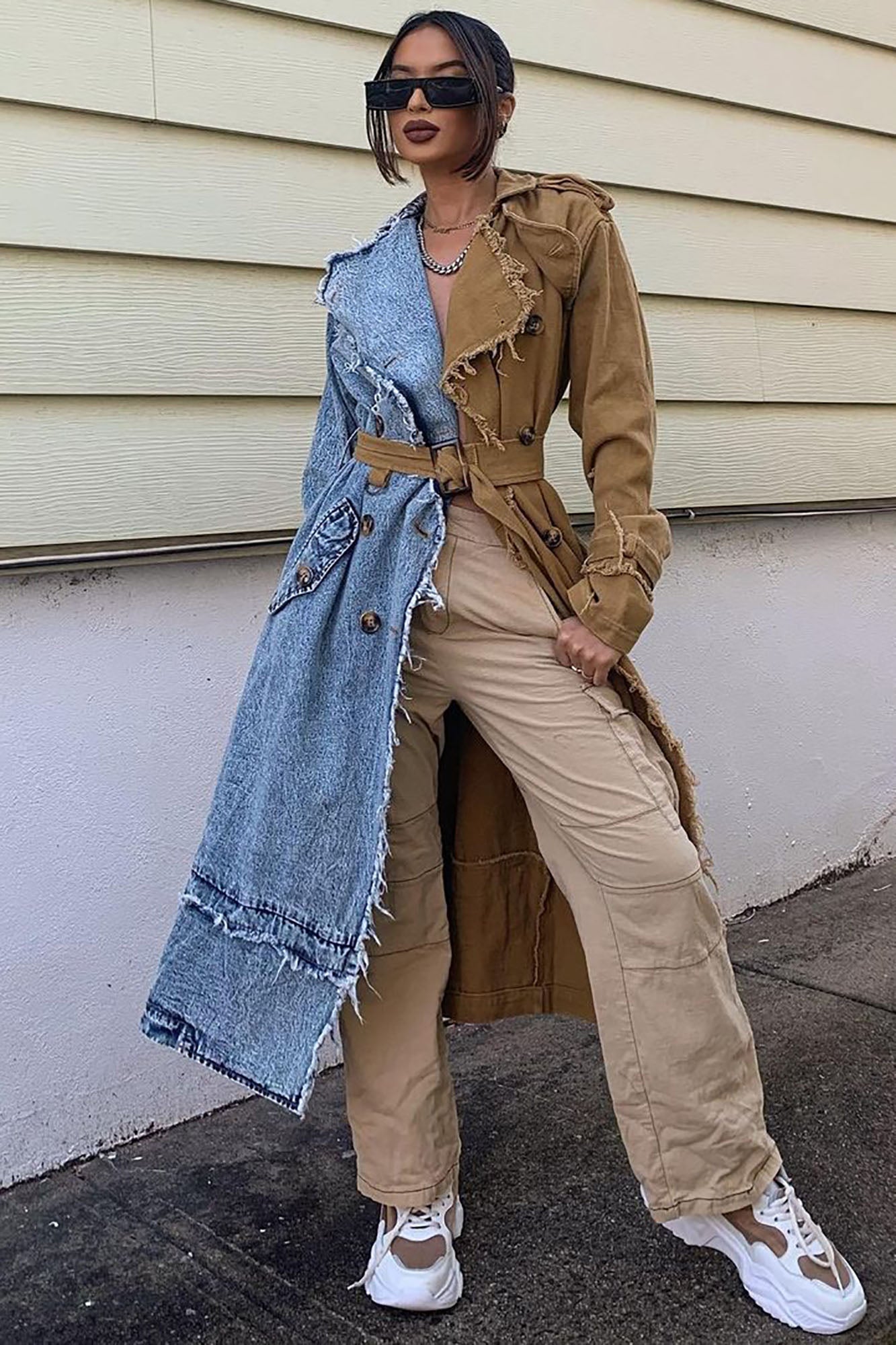 Colorblocked cotton trench coat