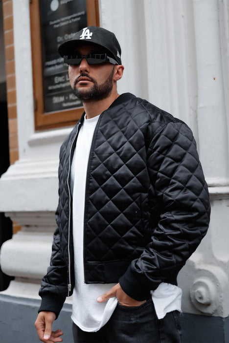 Quilted Sateen Bomber Jacket - Black