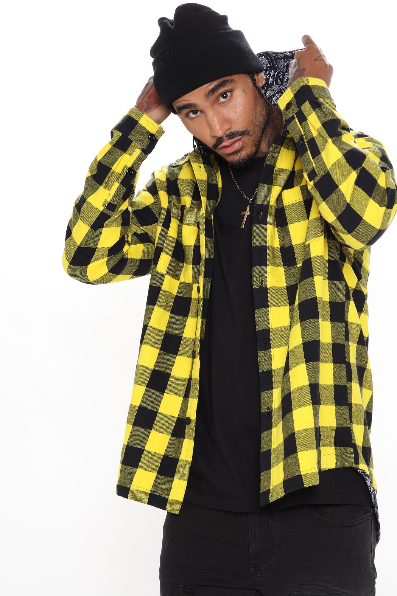 Plaid Double Layer Woven Hoodie Yellow combo