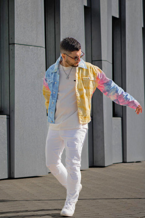 ASOS DESIGN tie dye denim jacket in rainbow wash