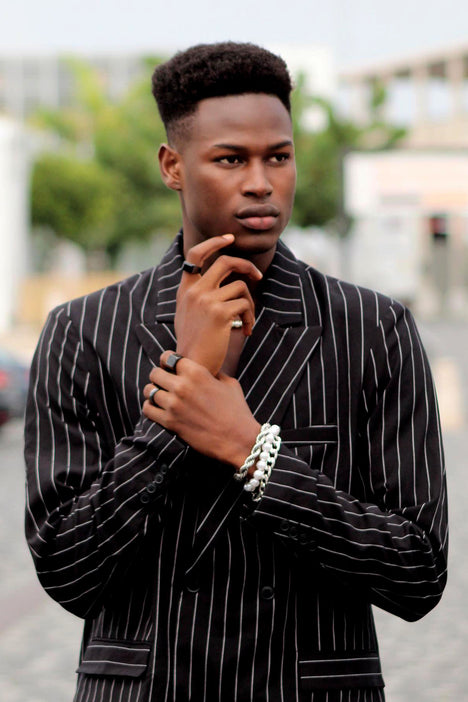 Wise Guy Double Breasted Striped Suit Jacket   Black/White